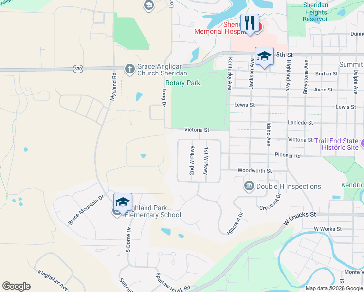 map of restaurants, bars, coffee shops, grocery stores, and more near 446 W Mountain View Dr in Sheridan