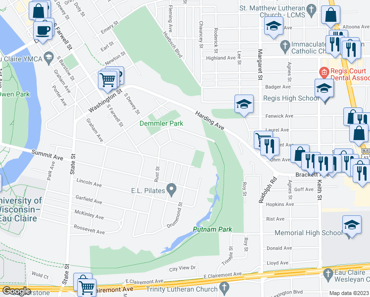 map of restaurants, bars, coffee shops, grocery stores, and more near 637 Ripley Avenue in Eau Claire