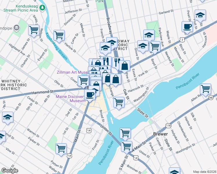 map of restaurants, bars, coffee shops, grocery stores, and more near 205 Exchange Street in Bangor