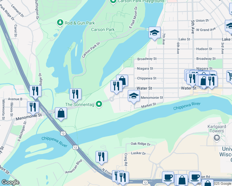 map of restaurants, bars, coffee shops, grocery stores, and more near 1004 Menomonie Street in Eau Claire