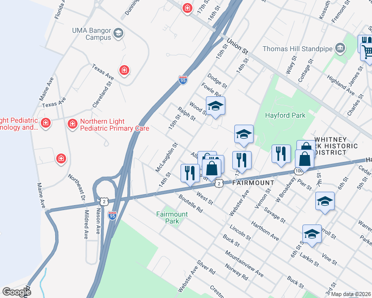 map of restaurants, bars, coffee shops, grocery stores, and more near 293 14th Street in Bangor