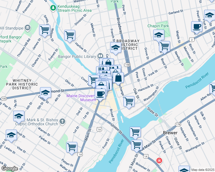 map of restaurants, bars, coffee shops, grocery stores, and more near in Bangor