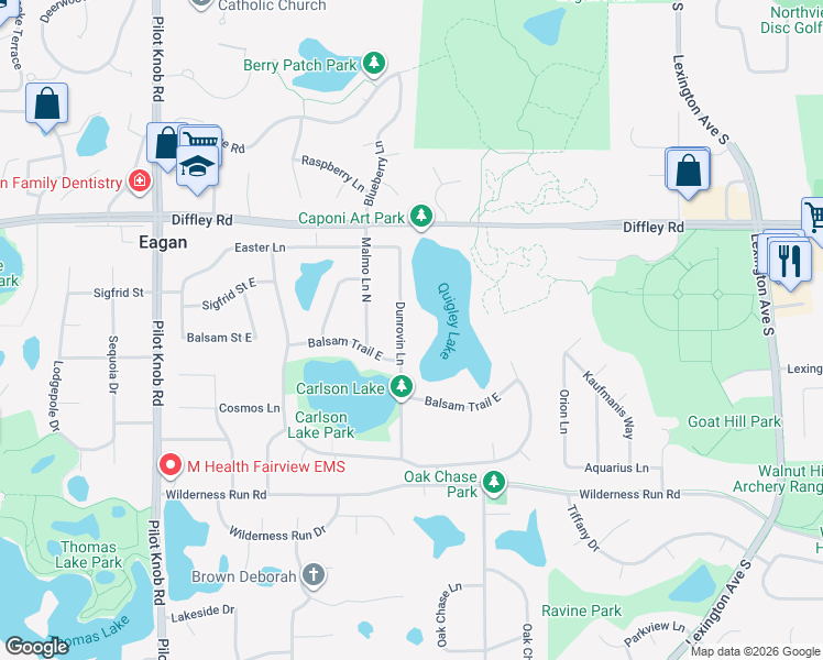 map of restaurants, bars, coffee shops, grocery stores, and more near 4270 Dunrovin Lane in Eagan