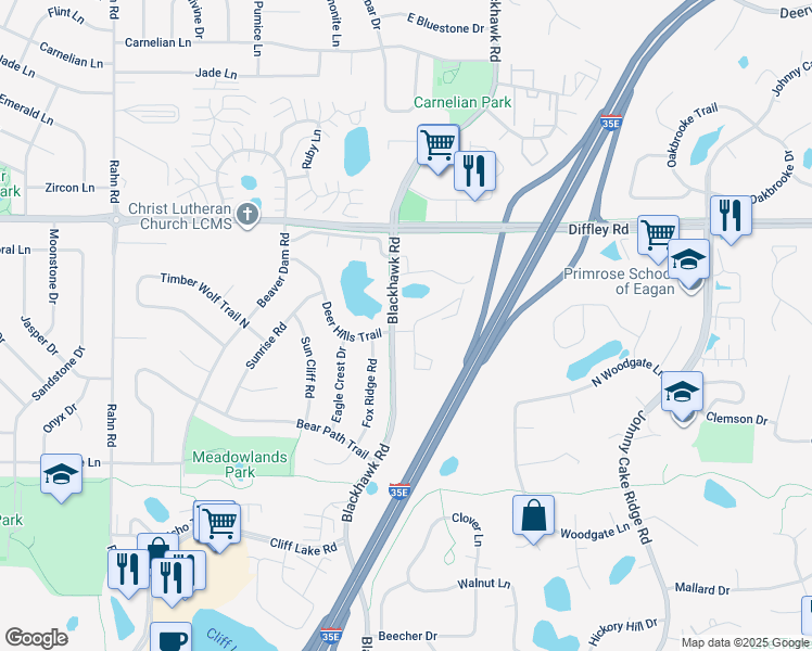map of restaurants, bars, coffee shops, grocery stores, and more near 4280 Blackhawk Road in Eagan