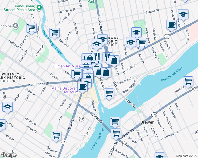 map of restaurants, bars, coffee shops, grocery stores, and more near 205 Exchange Street in Bangor