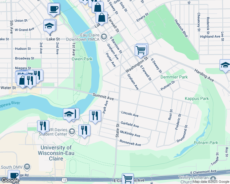 map of restaurants, bars, coffee shops, grocery stores, and more near 210 Oakwood Place in Eau Claire