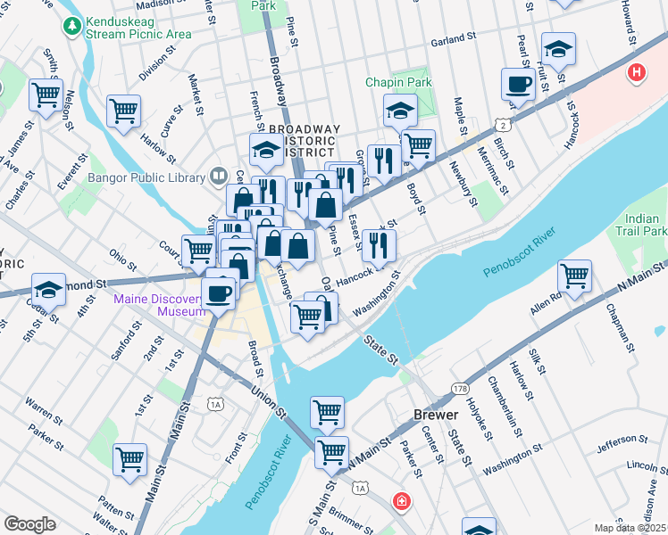 map of restaurants, bars, coffee shops, grocery stores, and more near 97 Oak Street in Bangor