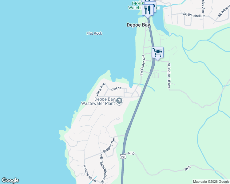 map of restaurants, bars, coffee shops, grocery stores, and more near 310 Cliff Street in Depoe Bay