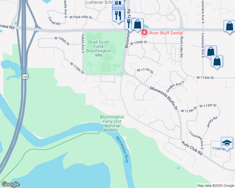 map of restaurants, bars, coffee shops, grocery stores, and more near 11110 Bloomington Ferry Road in Minneapolis