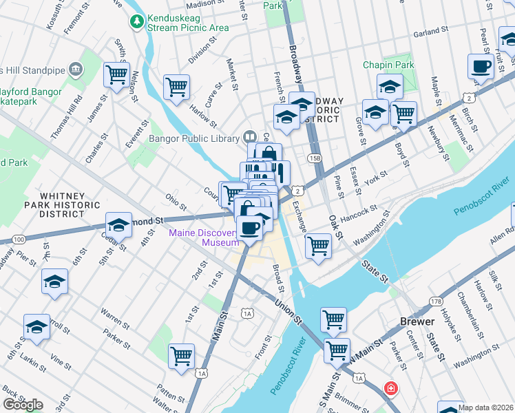 map of restaurants, bars, coffee shops, grocery stores, and more near 29 Franklin Street in Bangor