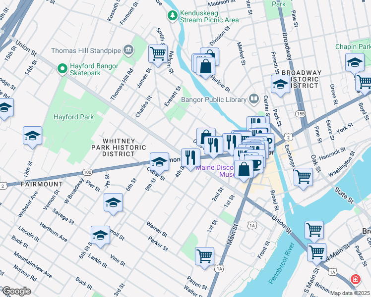 map of restaurants, bars, coffee shops, grocery stores, and more near 251 Union Street in Bangor