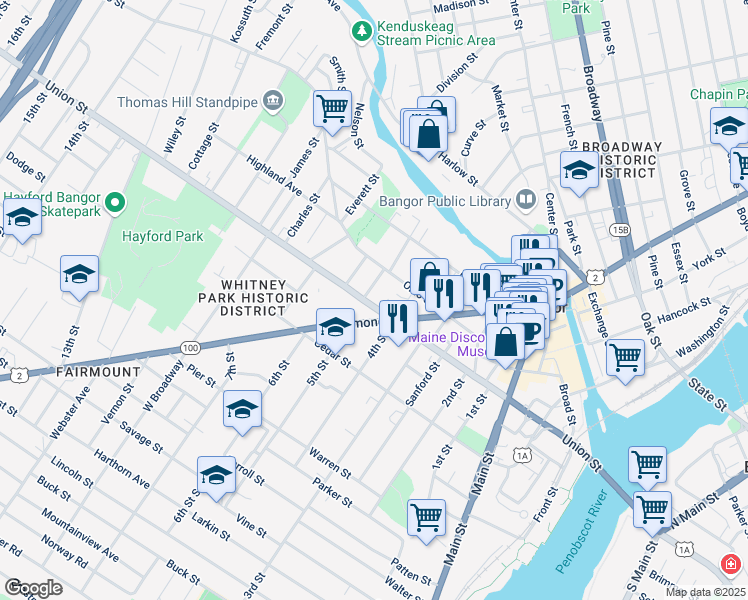 map of restaurants, bars, coffee shops, grocery stores, and more near 251 Union Street in Bangor