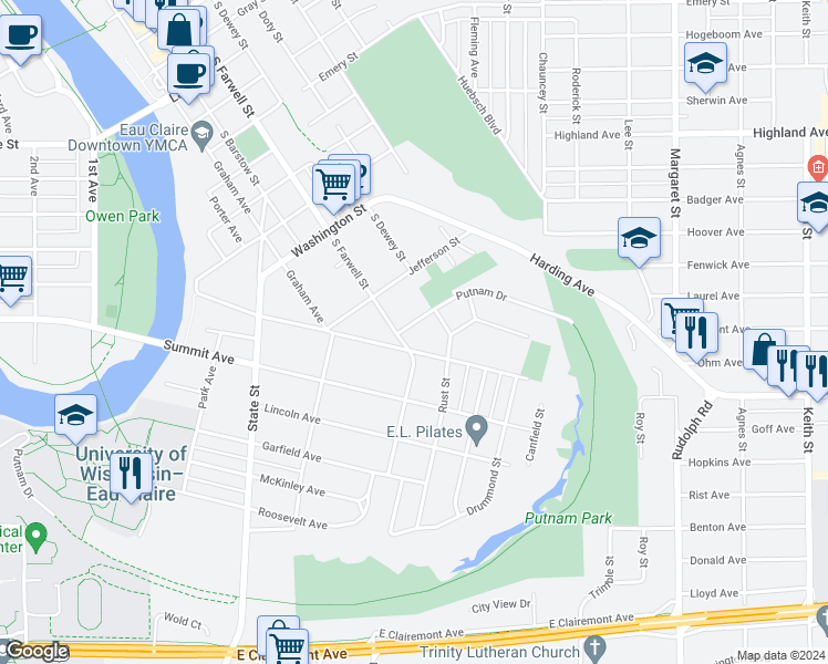 map of restaurants, bars, coffee shops, grocery stores, and more near 1304 Rust Street in Eau Claire