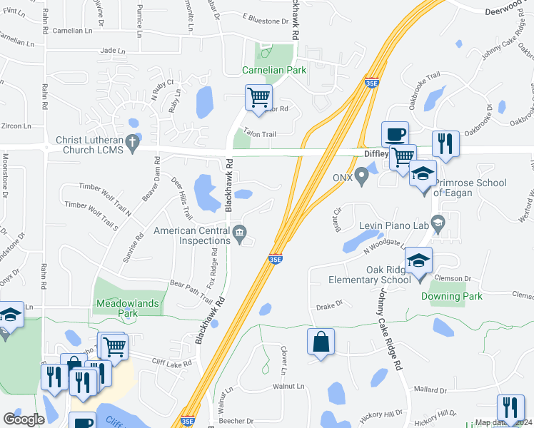 map of restaurants, bars, coffee shops, grocery stores, and more near 1821 Trailway Drive in Eagan