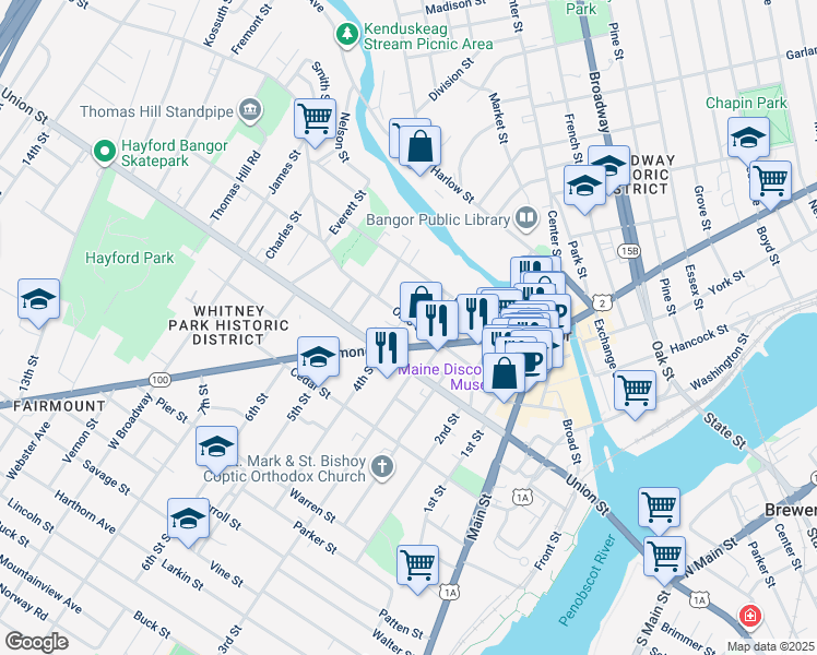 map of restaurants, bars, coffee shops, grocery stores, and more near 30 Ohio Street in Bangor