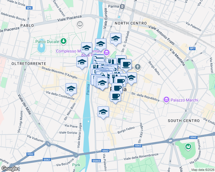 map of restaurants, bars, coffee shops, grocery stores, and more near 1 Piazza San Bartolomeo in Parma
