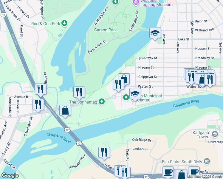 map of restaurants, bars, coffee shops, grocery stores, and more near 1020 Menomonie Street in Eau Claire