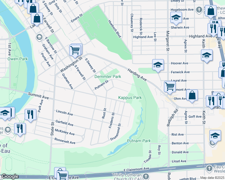map of restaurants, bars, coffee shops, grocery stores, and more near 517 Ripley Avenue in Eau Claire