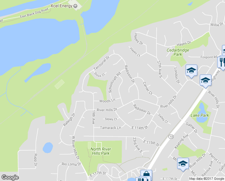 map of restaurants, bars, coffee shops, grocery stores, and more near 11101 Schoolcraft Road in Burnsville