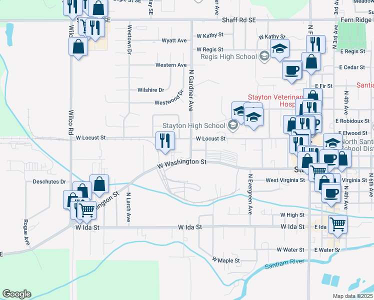 map of restaurants, bars, coffee shops, grocery stores, and more near 901 North Gardner Avenue in Stayton