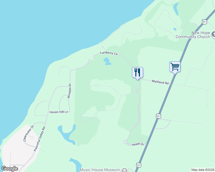 map of restaurants, bars, coffee shops, grocery stores, and more near Turnberry Circle in Williamsburg