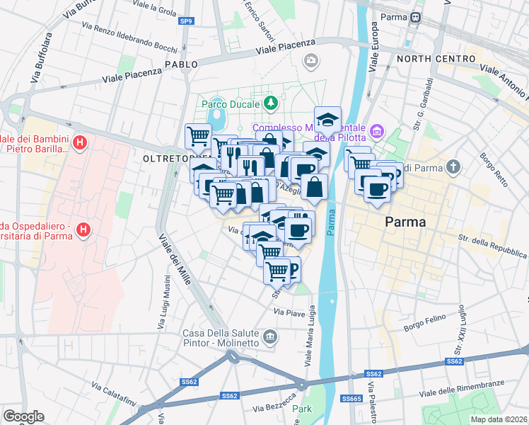 map of restaurants, bars, coffee shops, grocery stores, and more near 37a Borgo Marodolo in Parma