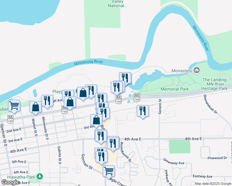 map of restaurants, bars, coffee shops, grocery stores, and more near 1555 1st Avenue East in Shakopee