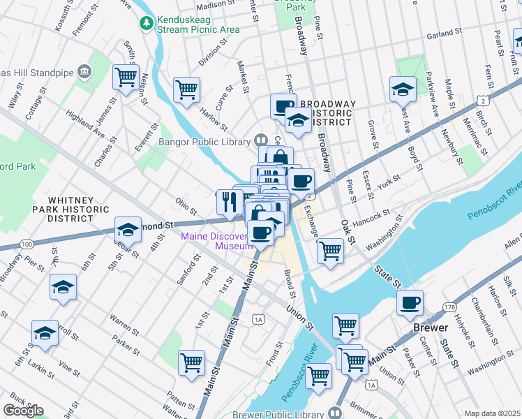 map of restaurants, bars, coffee shops, grocery stores, and more near 23 Franklin Street in Bangor
