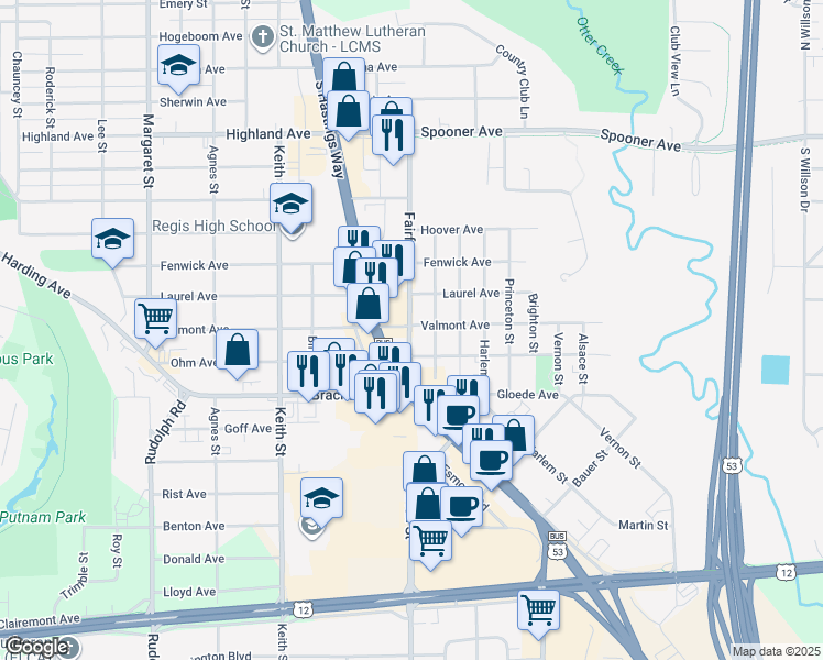 map of restaurants, bars, coffee shops, grocery stores, and more near 803 1/2 Fairfax Street in Altoona