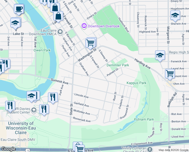 map of restaurants, bars, coffee shops, grocery stores, and more near 414 Gilbert Avenue in Eau Claire