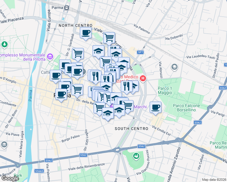 map of restaurants, bars, coffee shops, grocery stores, and more near 9 Via Corso Corsi in Parma
