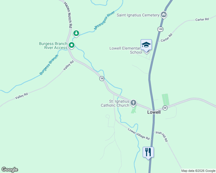 map of restaurants, bars, coffee shops, grocery stores, and more near 396 Hazen Notch Road in Lowell