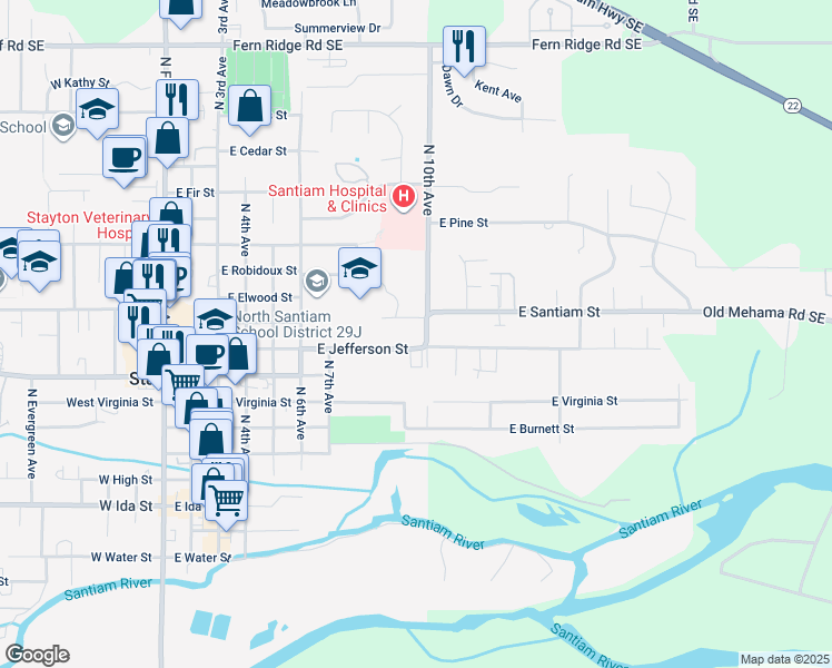 map of restaurants, bars, coffee shops, grocery stores, and more near 940 North 10th Avenue in Stayton