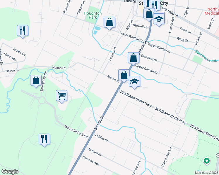 map of restaurants, bars, coffee shops, grocery stores, and more near 22 Nason Street in Saint Albans City