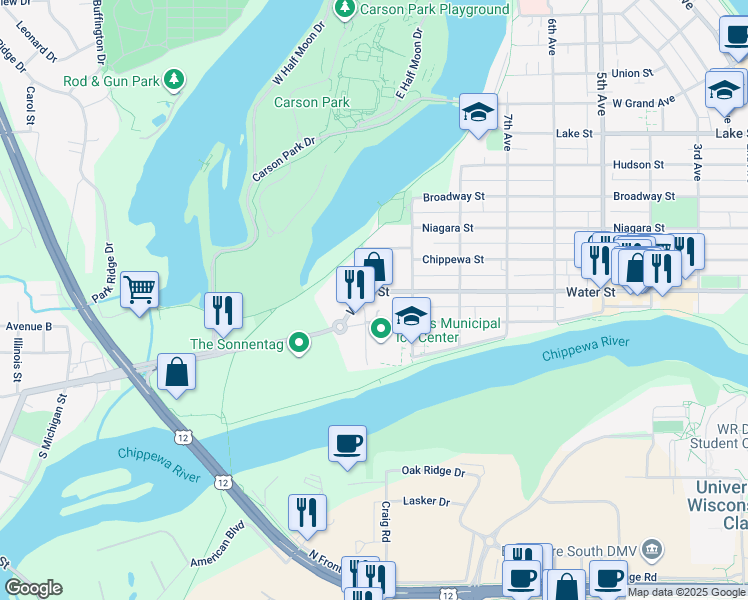 map of restaurants, bars, coffee shops, grocery stores, and more near in Eau Claire