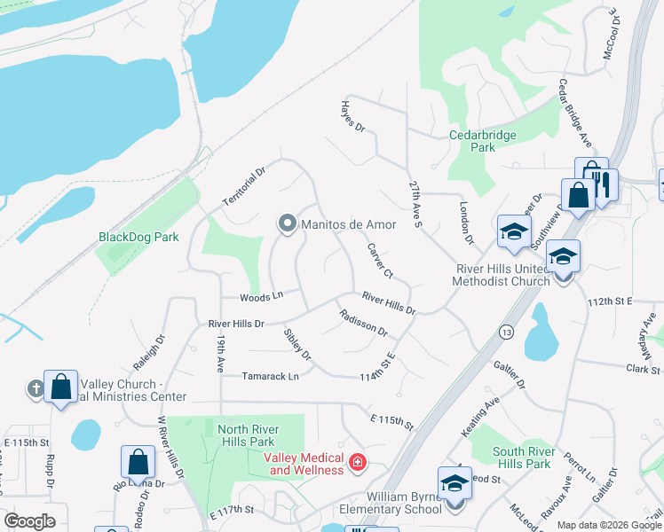 map of restaurants, bars, coffee shops, grocery stores, and more near 11204 Radisson Drive in Burnsville
