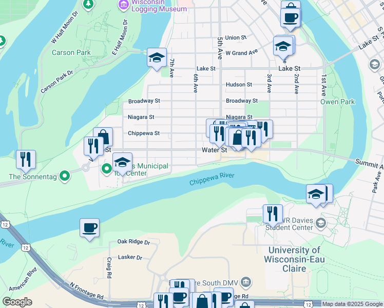 map of restaurants, bars, coffee shops, grocery stores, and more near 601 Water Street in Eau Claire