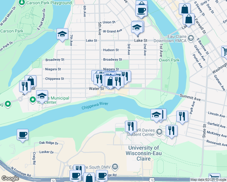 map of restaurants, bars, coffee shops, grocery stores, and more near 401 Water Street in Eau Claire
