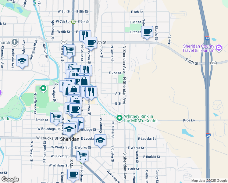 map of restaurants, bars, coffee shops, grocery stores, and more near 403 North Custer Street in Sheridan