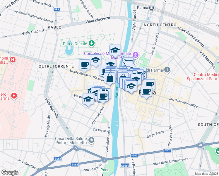 map of restaurants, bars, coffee shops, grocery stores, and more near 158 Ponte di Mezzo in Parma