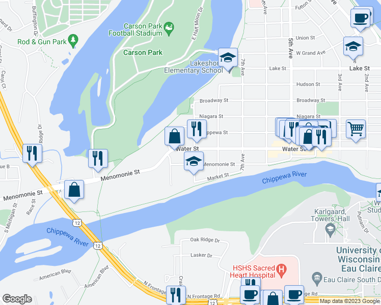 map of restaurants, bars, coffee shops, grocery stores, and more near 905 Water Street in Eau Claire
