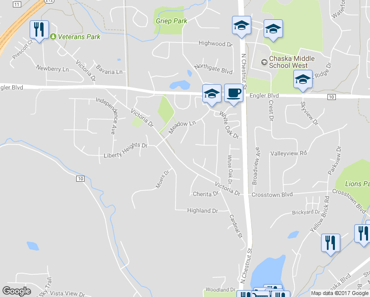 map of restaurants, bars, coffee shops, grocery stores, and more near 1425 Meadow Court in Chaska