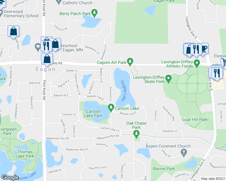 map of restaurants, bars, coffee shops, grocery stores, and more near 4270 Dunrovin Lane in Eagan