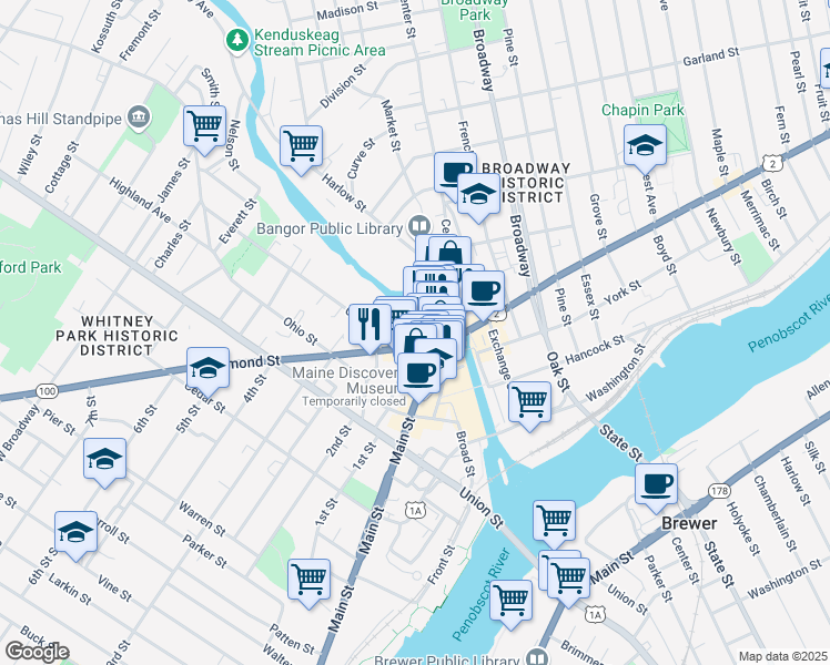 map of restaurants, bars, coffee shops, grocery stores, and more near 23 Franklin Street in Bangor