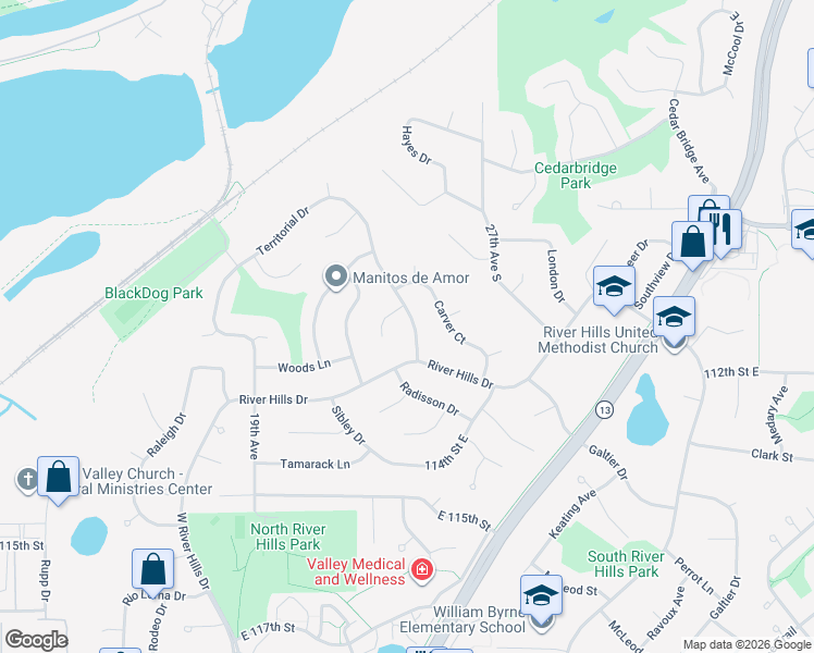 map of restaurants, bars, coffee shops, grocery stores, and more near 11204 Radisson Drive in Burnsville