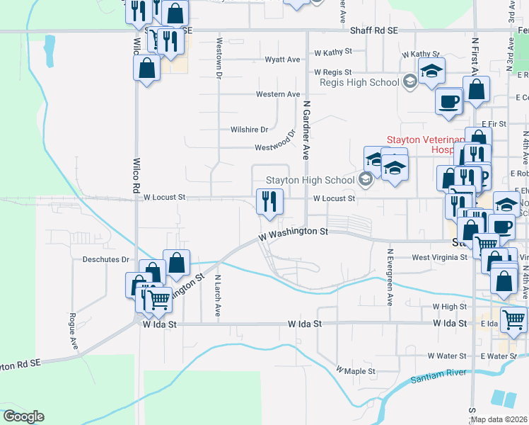 map of restaurants, bars, coffee shops, grocery stores, and more near 1222-1276 West Locust Street in Stayton