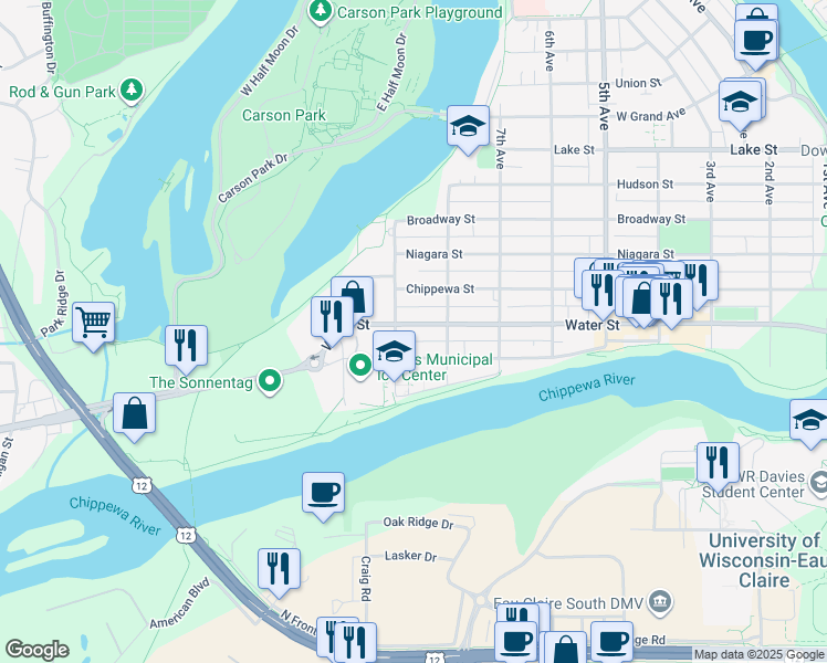 map of restaurants, bars, coffee shops, grocery stores, and more near 809 Water Street in Eau Claire