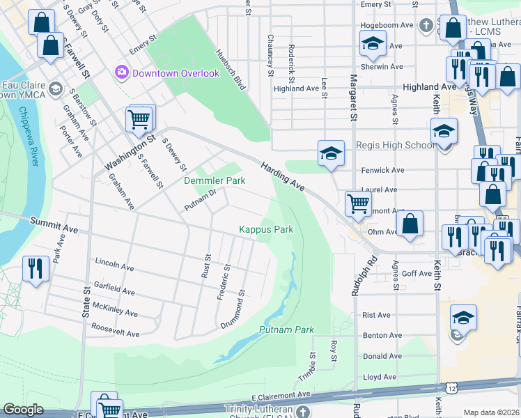 map of restaurants, bars, coffee shops, grocery stores, and more near 640 Ripley Avenue in Eau Claire