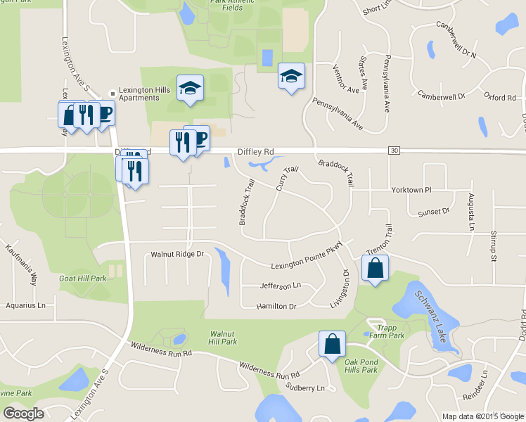 map of restaurants, bars, coffee shops, grocery stores, and more near 945 Curry Trail in Eagan