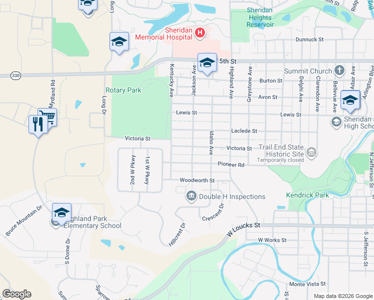 map of restaurants, bars, coffee shops, grocery stores, and more near 1418 Victoria Street in Sheridan